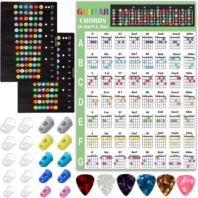 Junlego 20 Pcs Guitar Fingertip Protectors Guitar Finger Guards Protection Guitar Silicone Covers Caps for Guitar Bass Ukulele with 2 Pcs Guitar Fretboard Stickers and Guitar Chord Chart - Image 1
